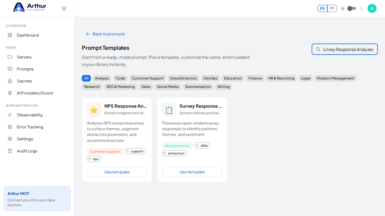 Search the catalog for the Survey Response Analyzer template