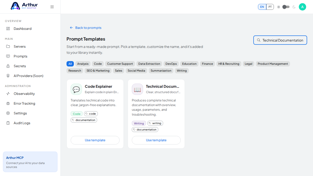 Search the catalog for the Technical Documentation template