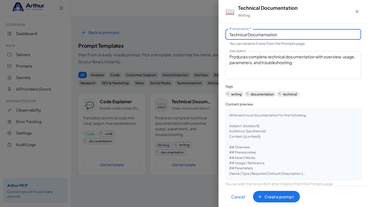 Open the Technical Documentation template with its prefilled name and content preview