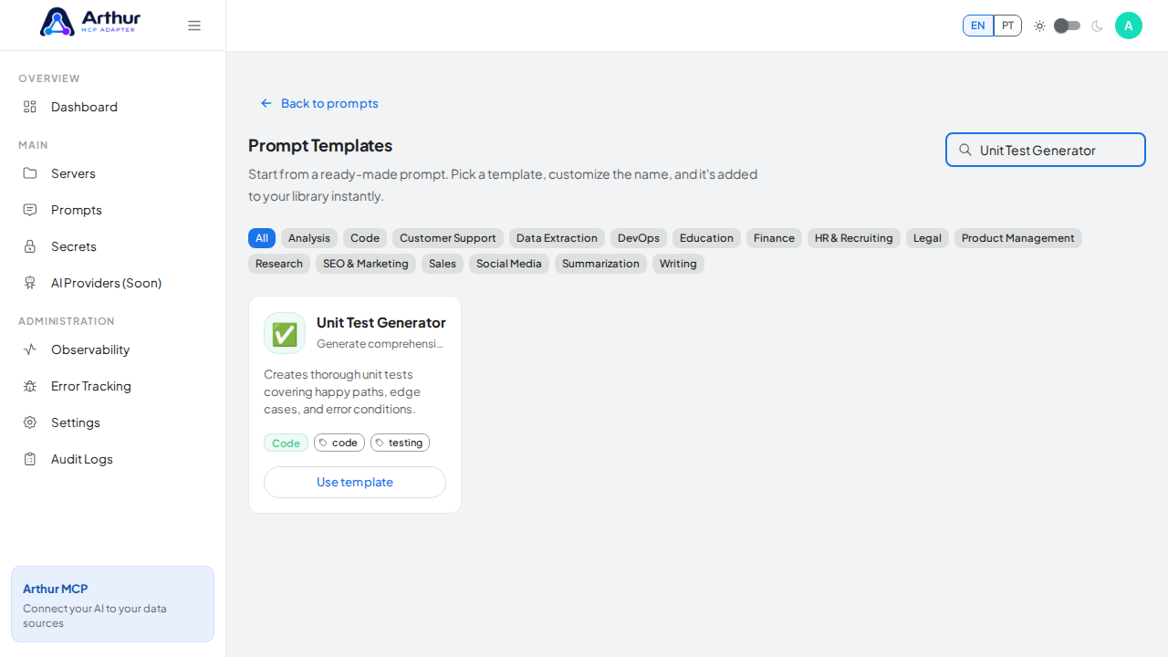 Search the catalog for the Unit Test Generator template
