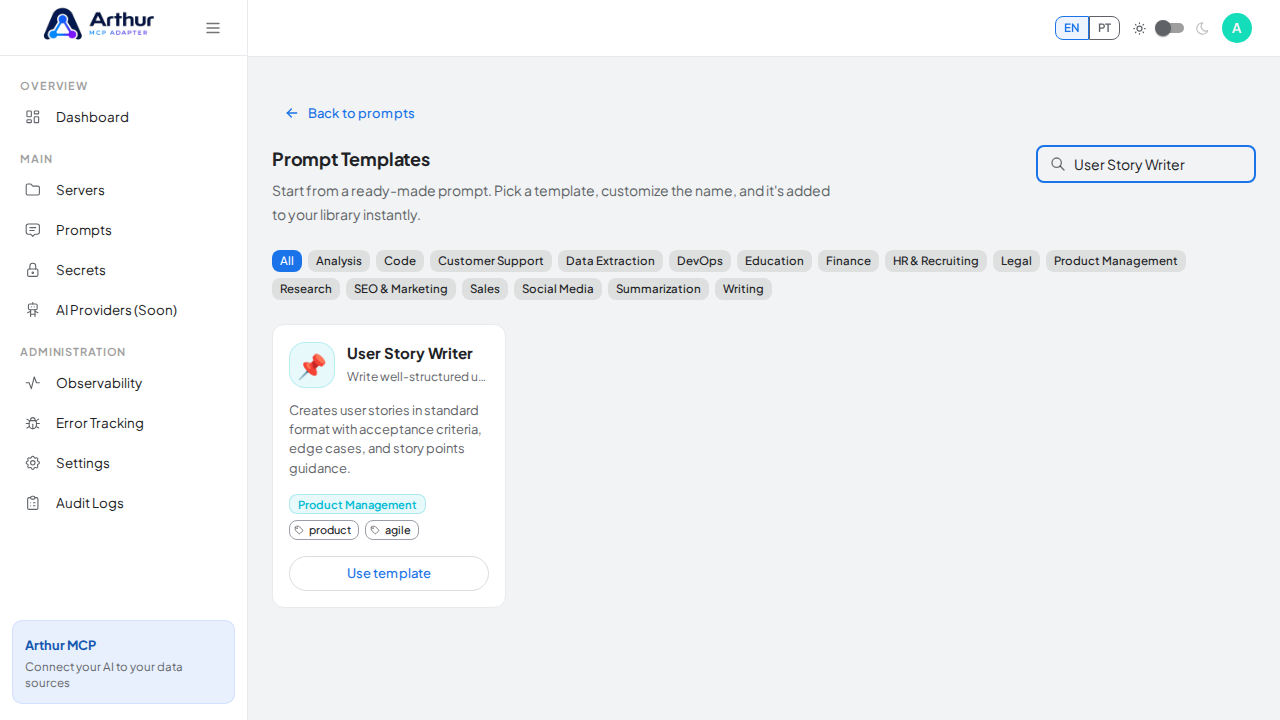 Search the catalog for the User Story Writer template