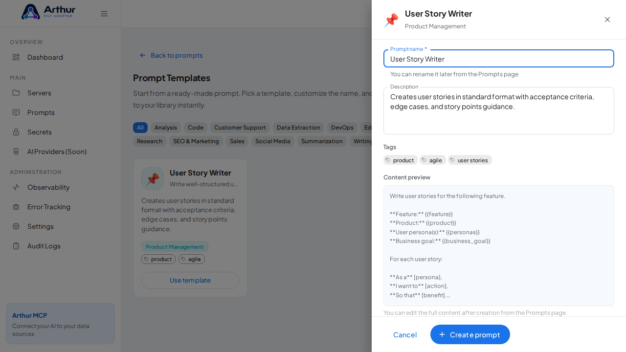 Open the User Story Writer template with its prefilled name and content preview
