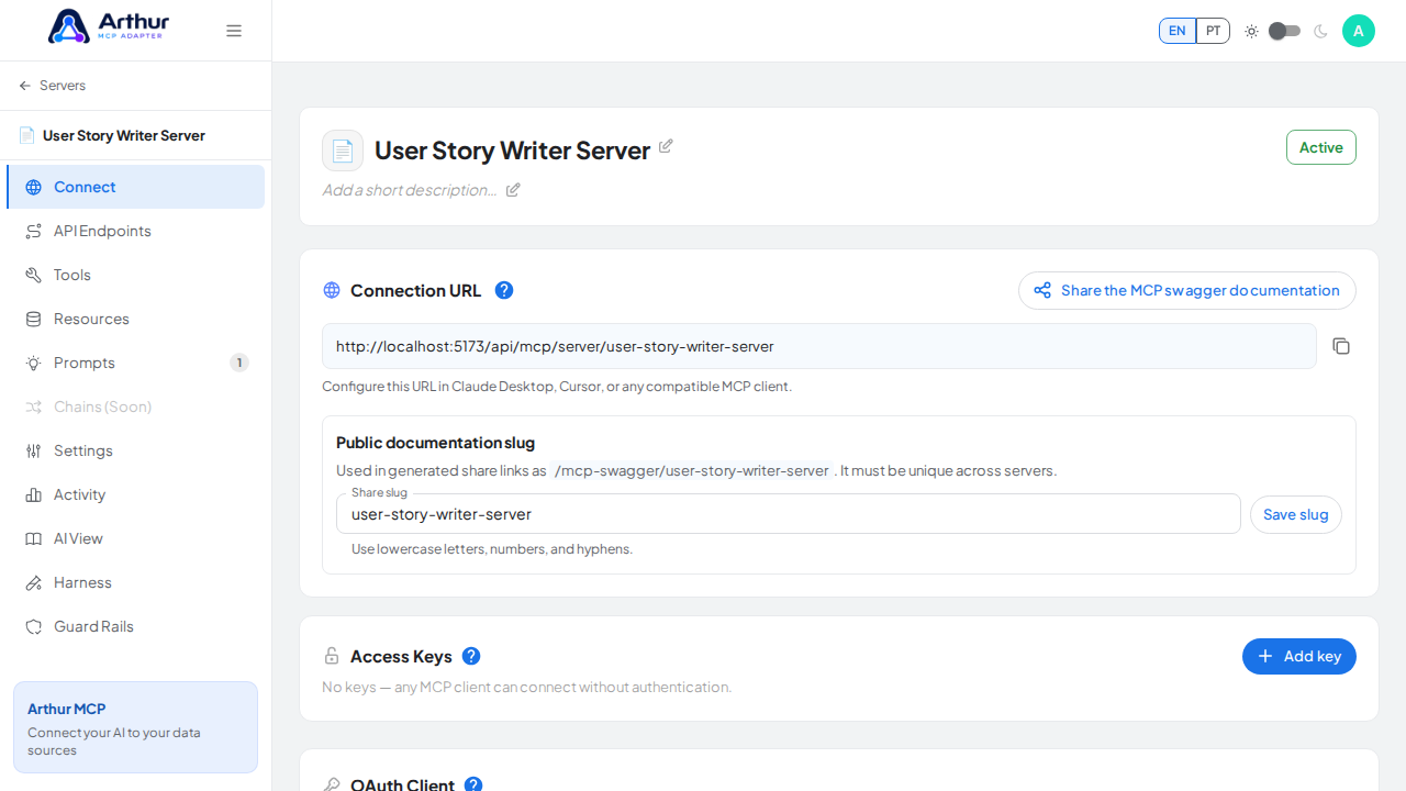 Open the server's Connect section, where the MCP endpoint and its documentation live