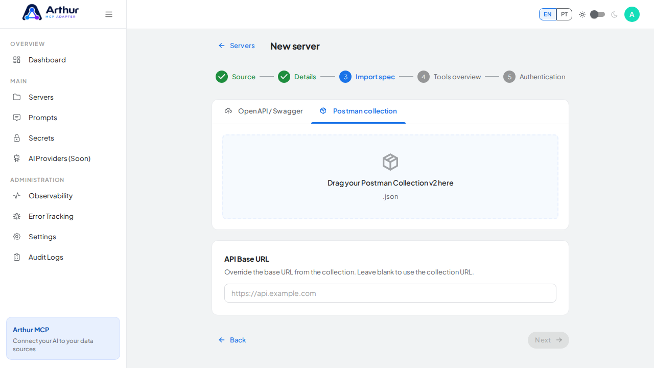Frame the Postman v2 JSON upload area