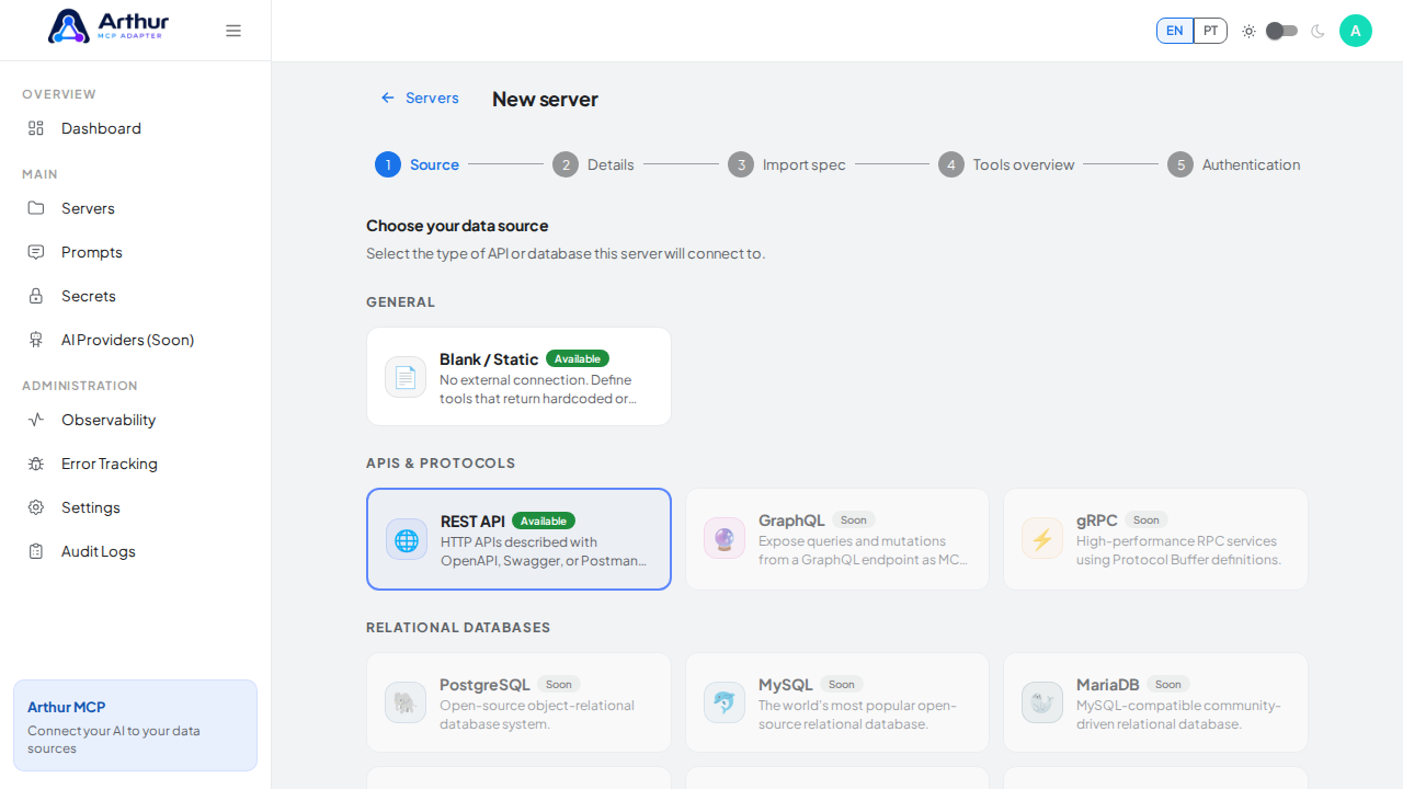 Select REST API as the server source