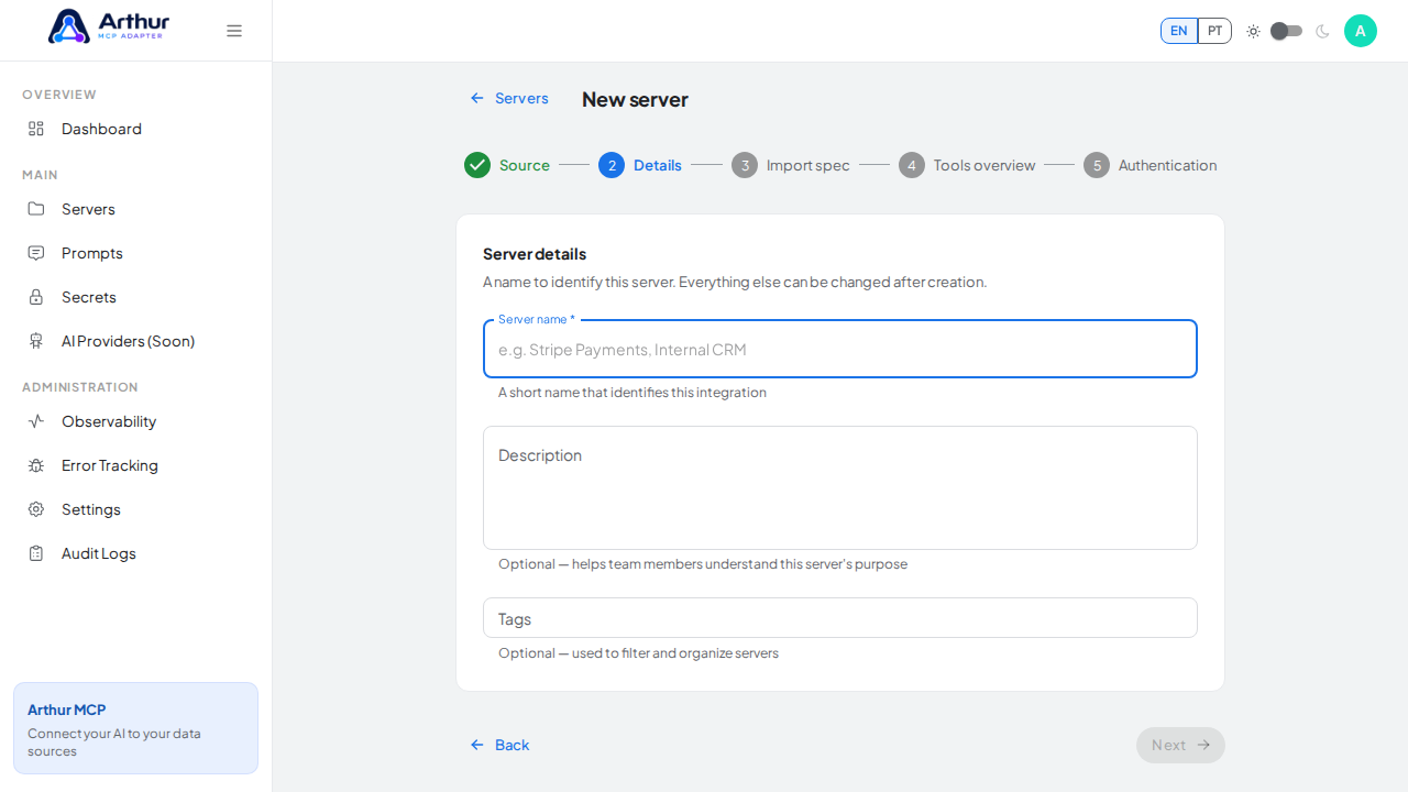 Continue to the server details step
