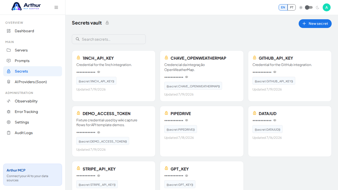 Open the Secrets vault to store the AI/ML API credential before using the template
