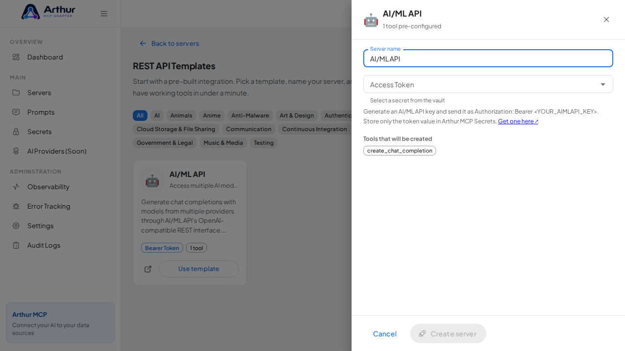 Open the AI/ML API template with its preconfigured tools
