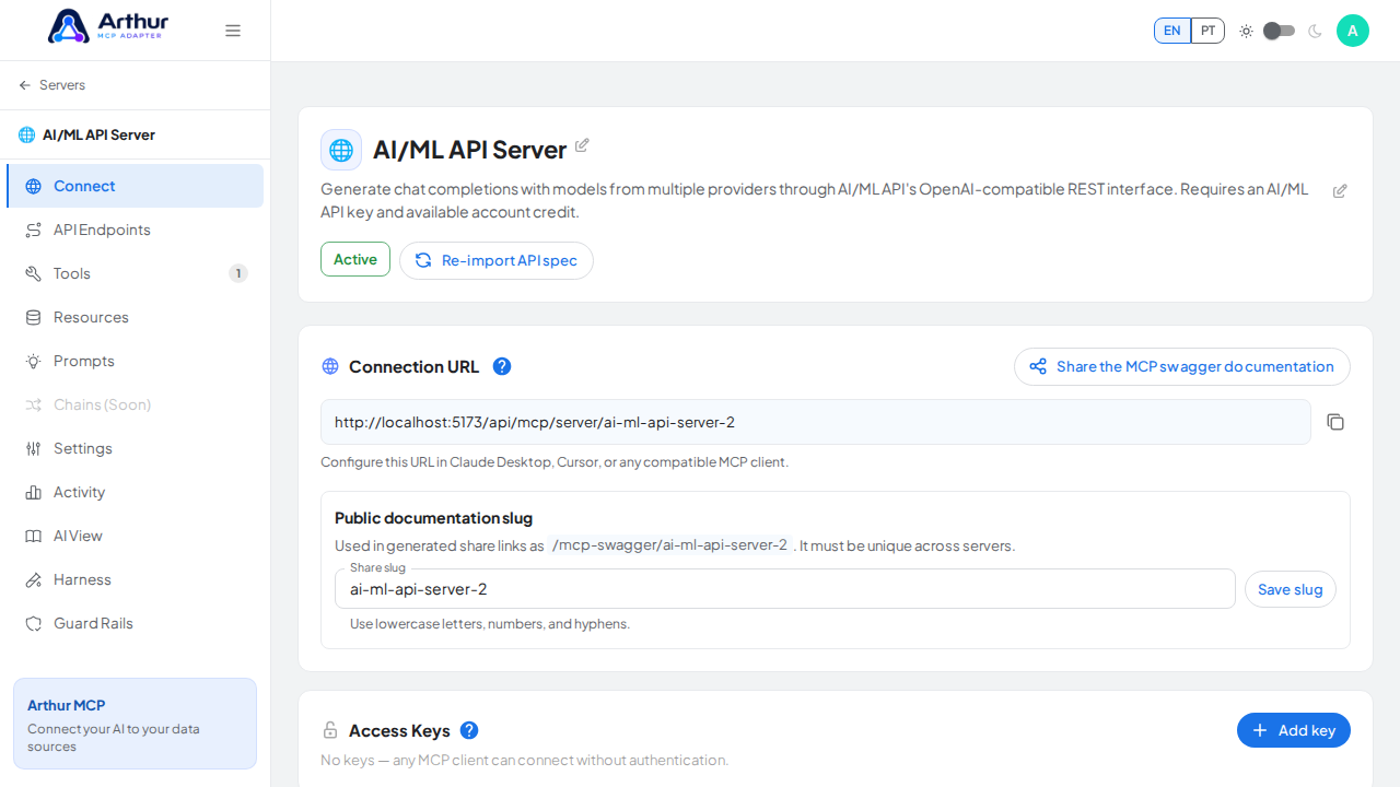 Open the server's Connect section, where the MCP endpoint and its documentation live