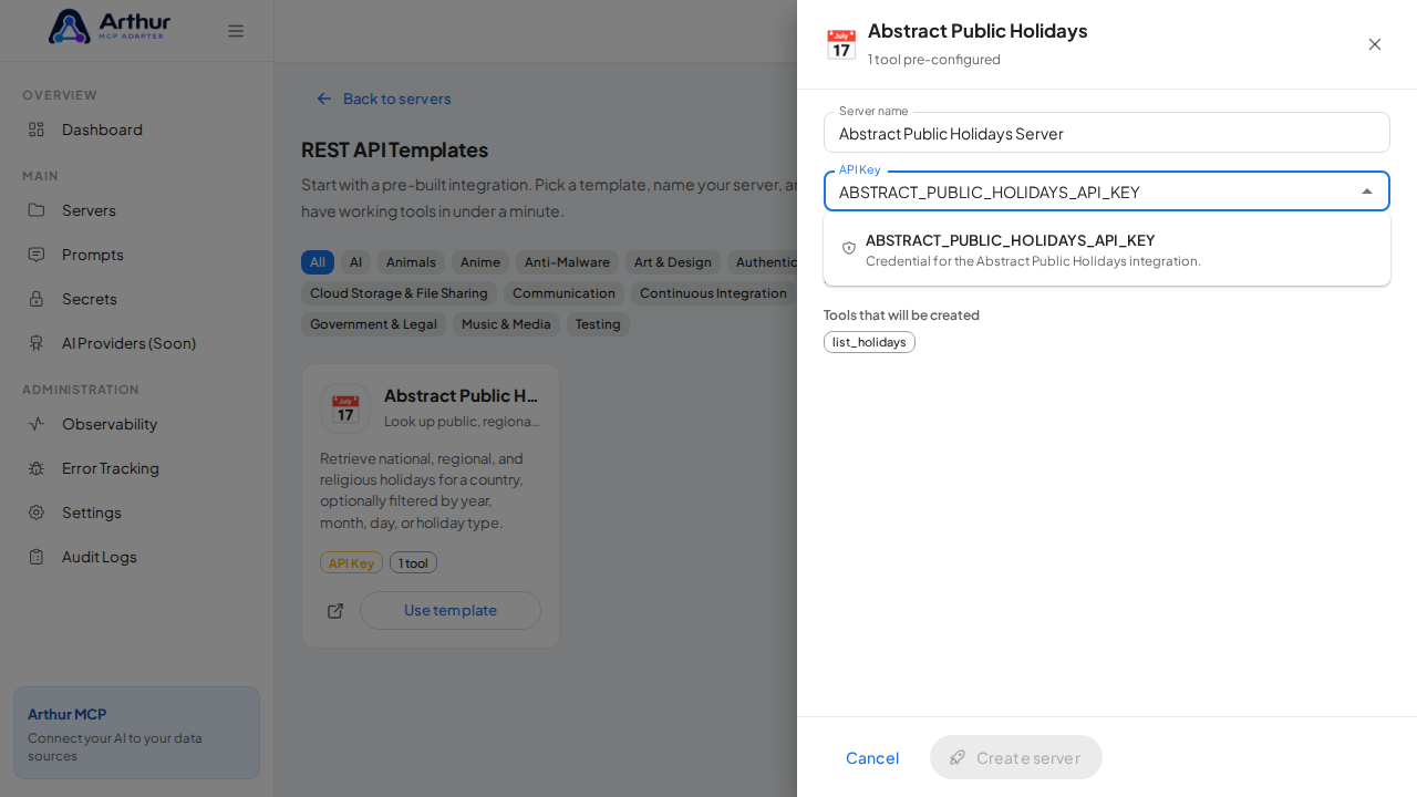 Pick the ABSTRACTPUBLICHOLIDAYSAPIKEY secret from the vault suggestions