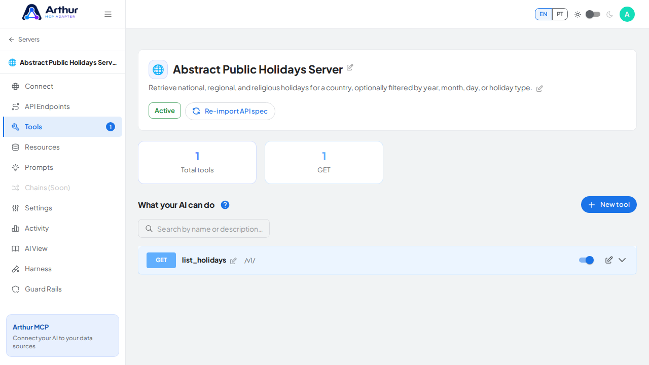 Review the tools generated from the Abstract Public Holidays template