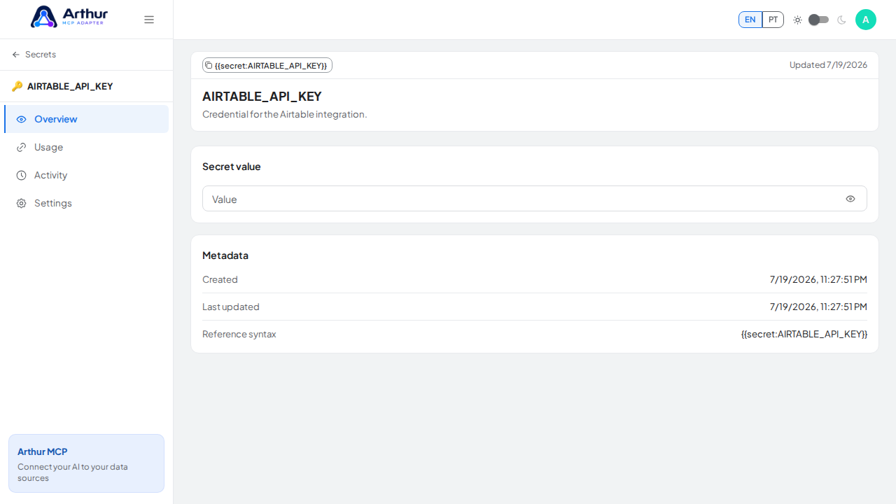 Store the AIRTABLEAPIKEY secret in the vault