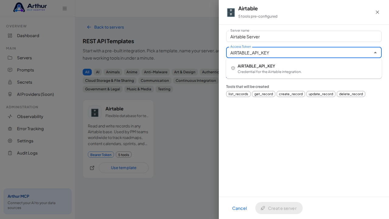 Pick the AIRTABLEAPIKEY secret from the vault suggestions