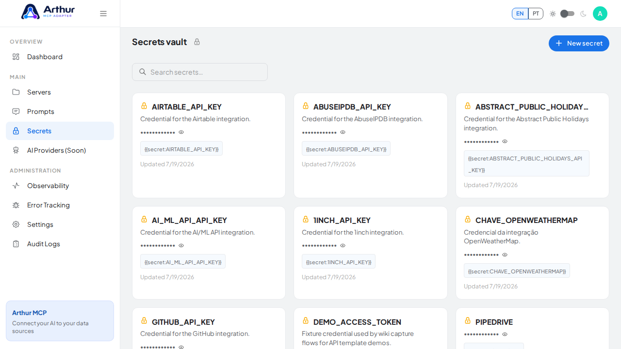 Open the Secrets vault to store the AlienVault Open Threat Exchange (OTX) credential before using the template