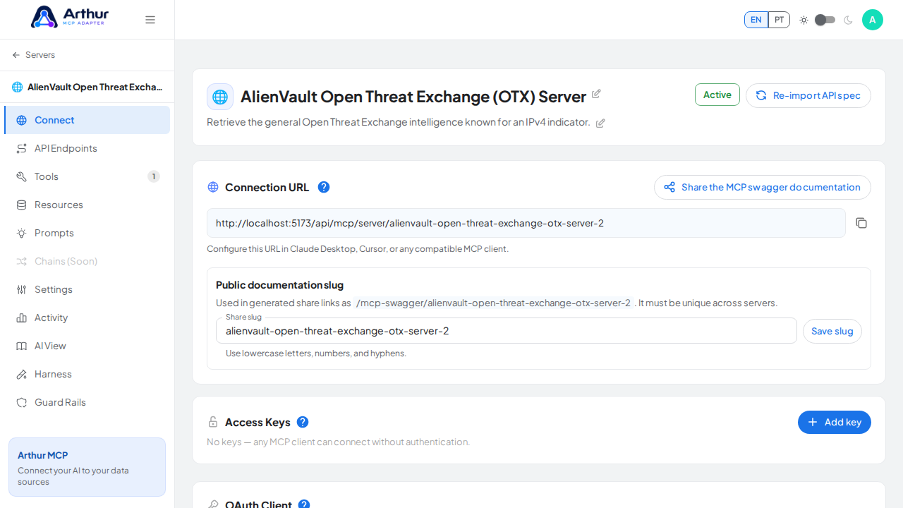 Open the server's Connect section, where the MCP endpoint and its documentation live