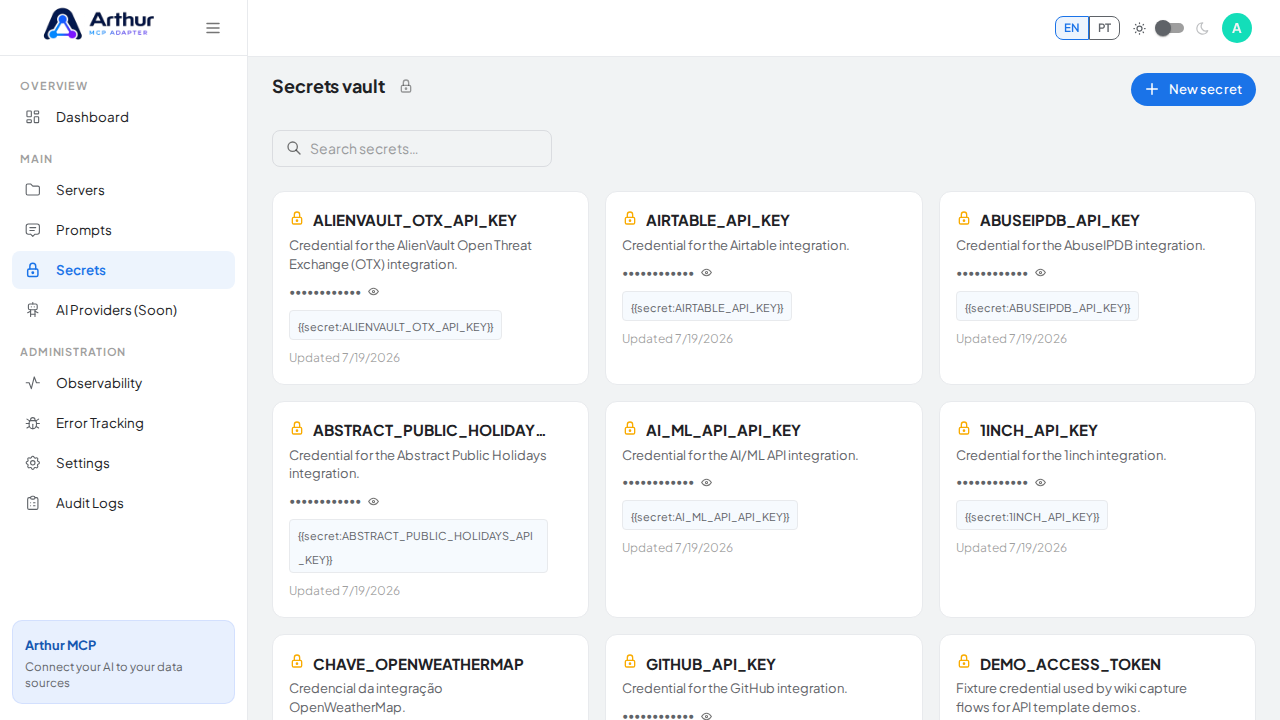 Open the Secrets vault to store the Alpha Vantage credential before using the template