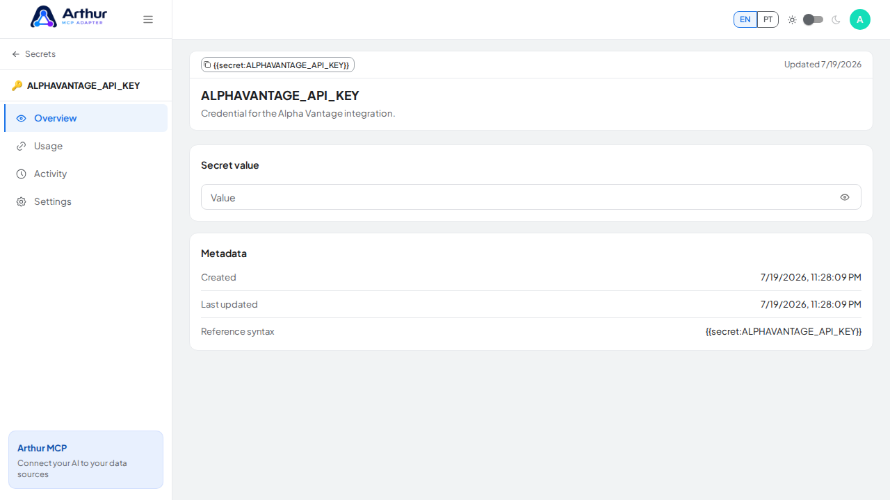 Store the ALPHAVANTAGEAPIKEY secret in the vault