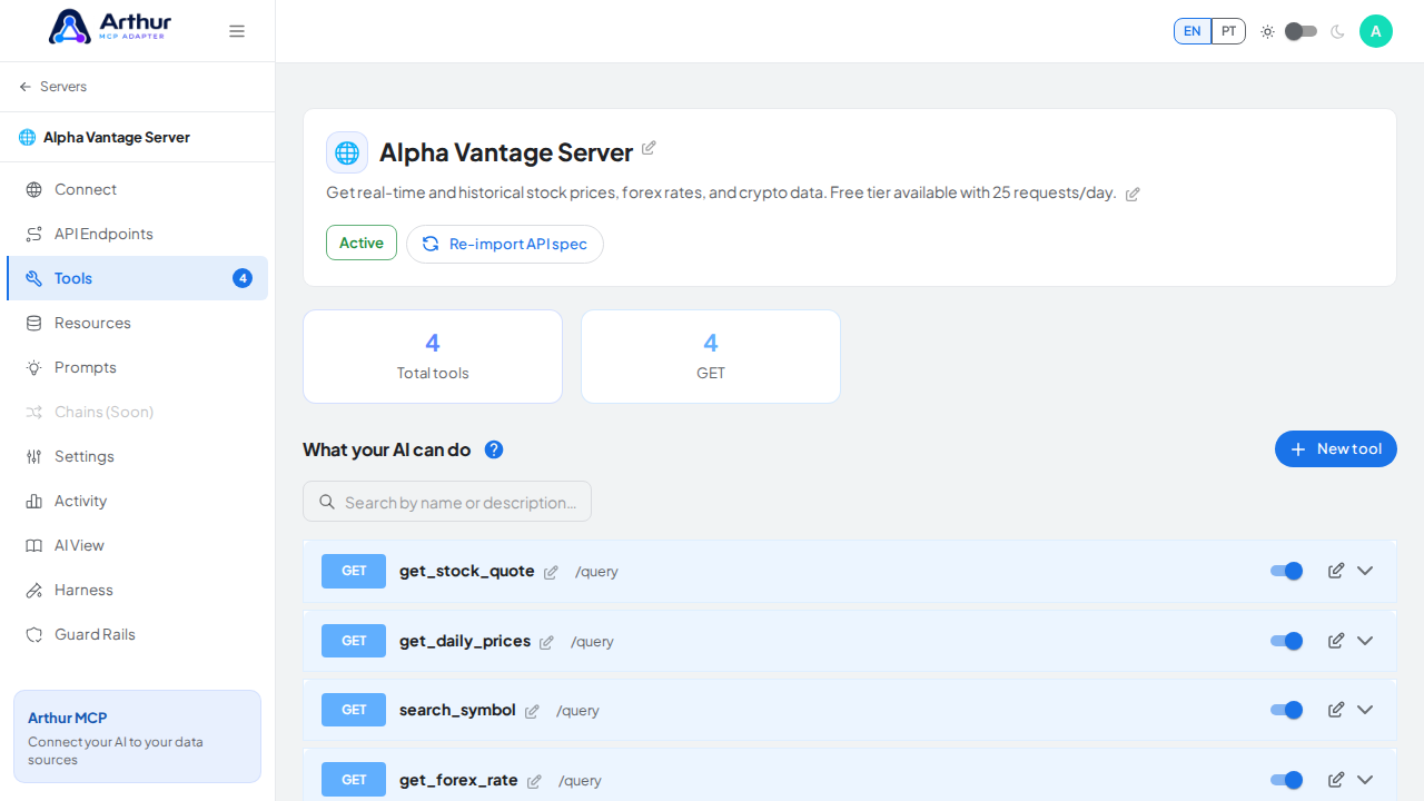 Review the tools generated from the Alpha Vantage template