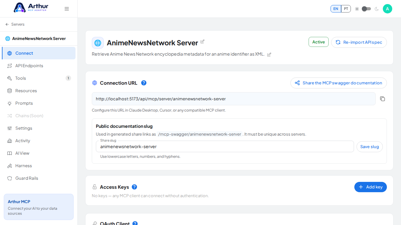 Open the server's Connect section, where the MCP endpoint and its documentation live