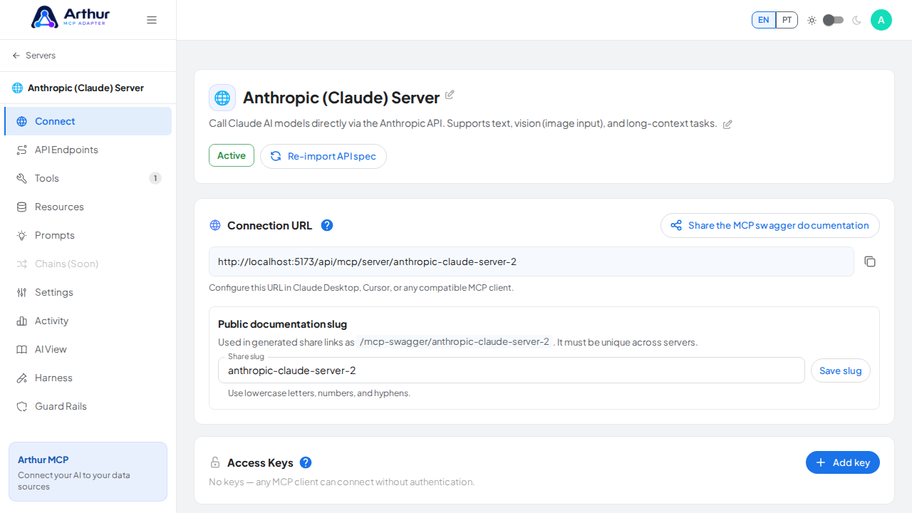 Open the server's Connect section, where the MCP endpoint and its documentation live