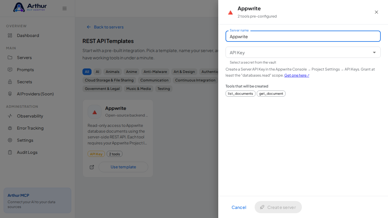 Open the Appwrite template with its preconfigured tools