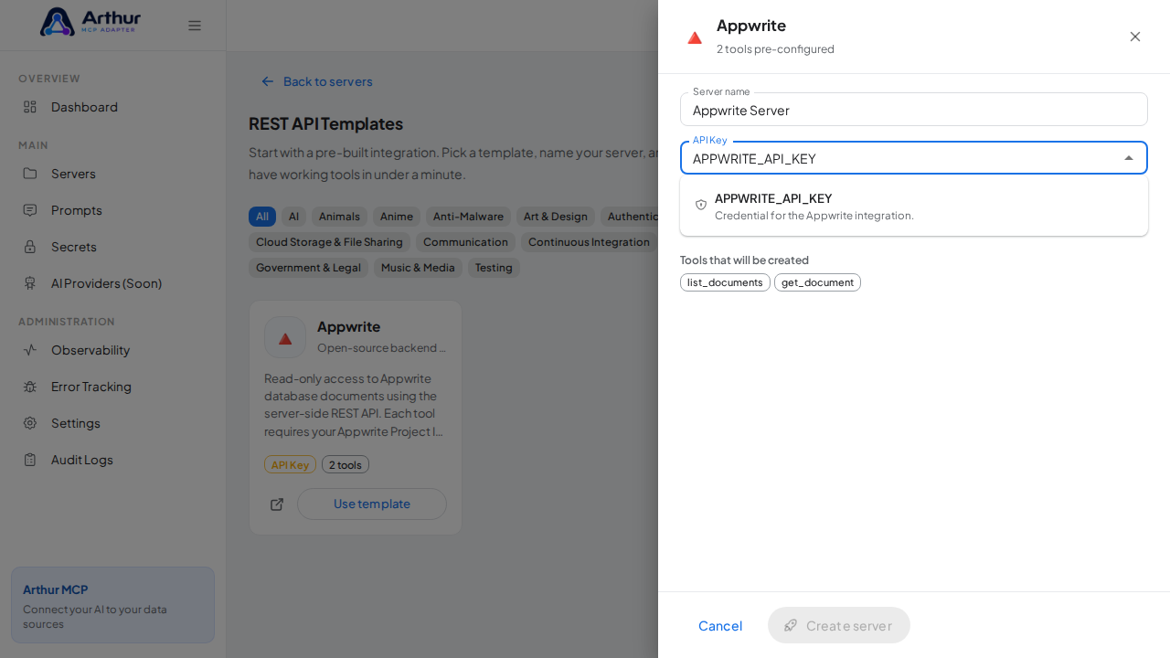 Pick the APPWRITEAPIKEY secret from the vault suggestions