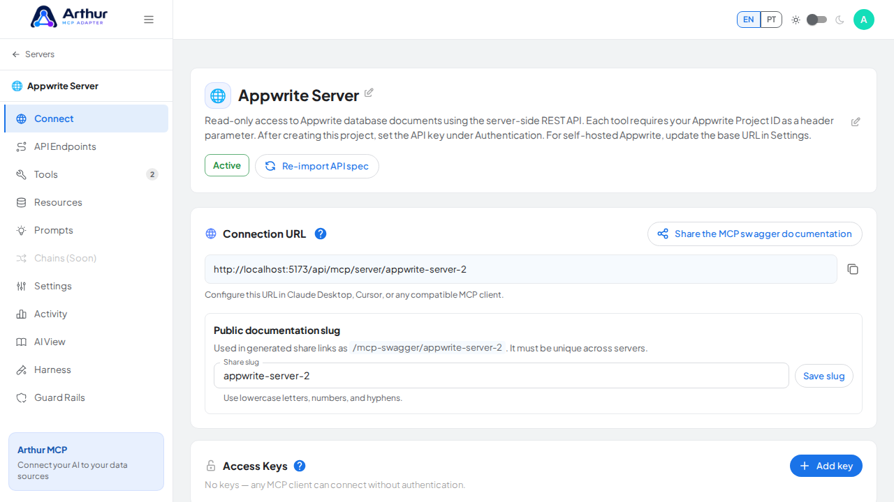 Open the server's Connect section, where the MCP endpoint and its documentation live