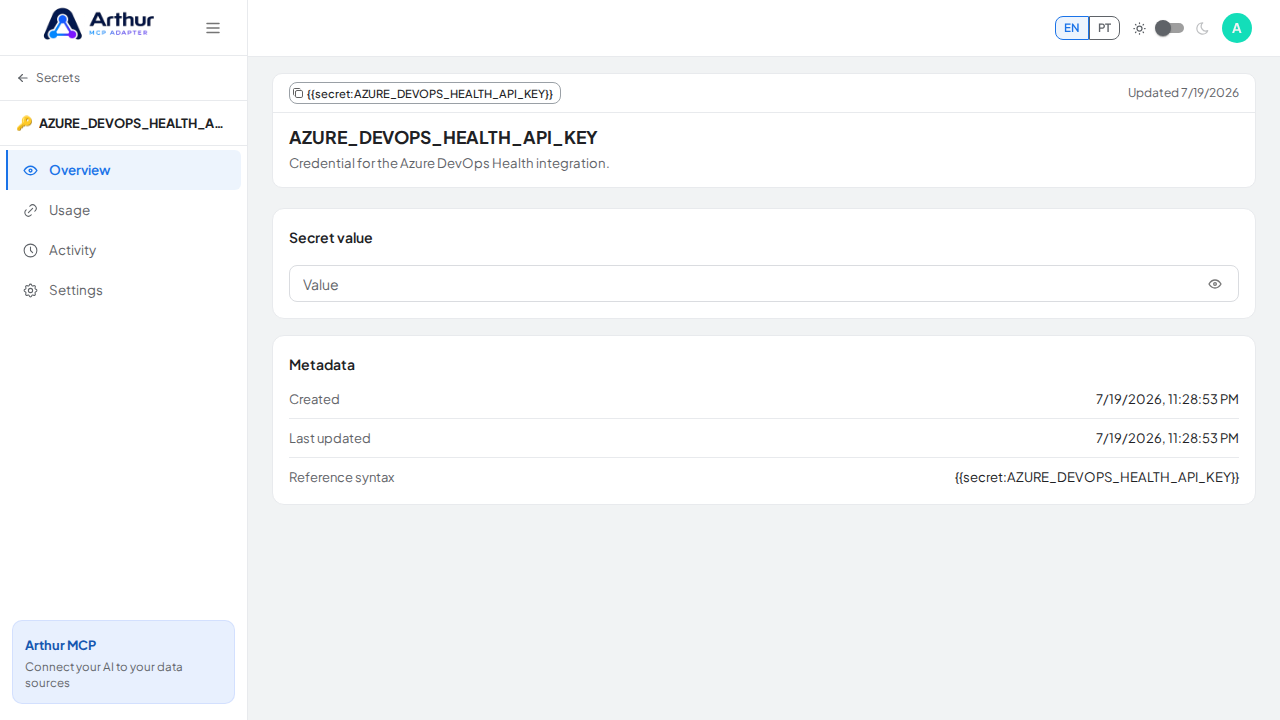 Store the AZUREDEVOPSHEALTHAPIKEY secret in the vault