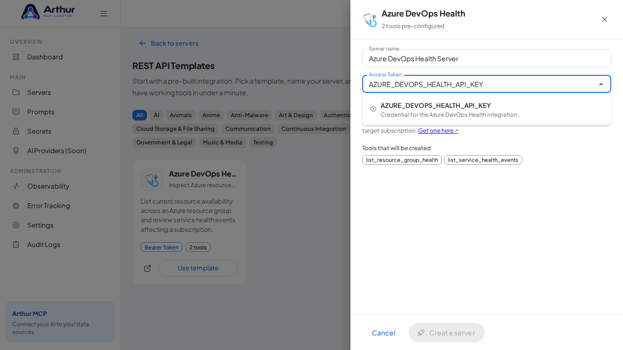 Pick the AZUREDEVOPSHEALTHAPIKEY secret from the vault suggestions