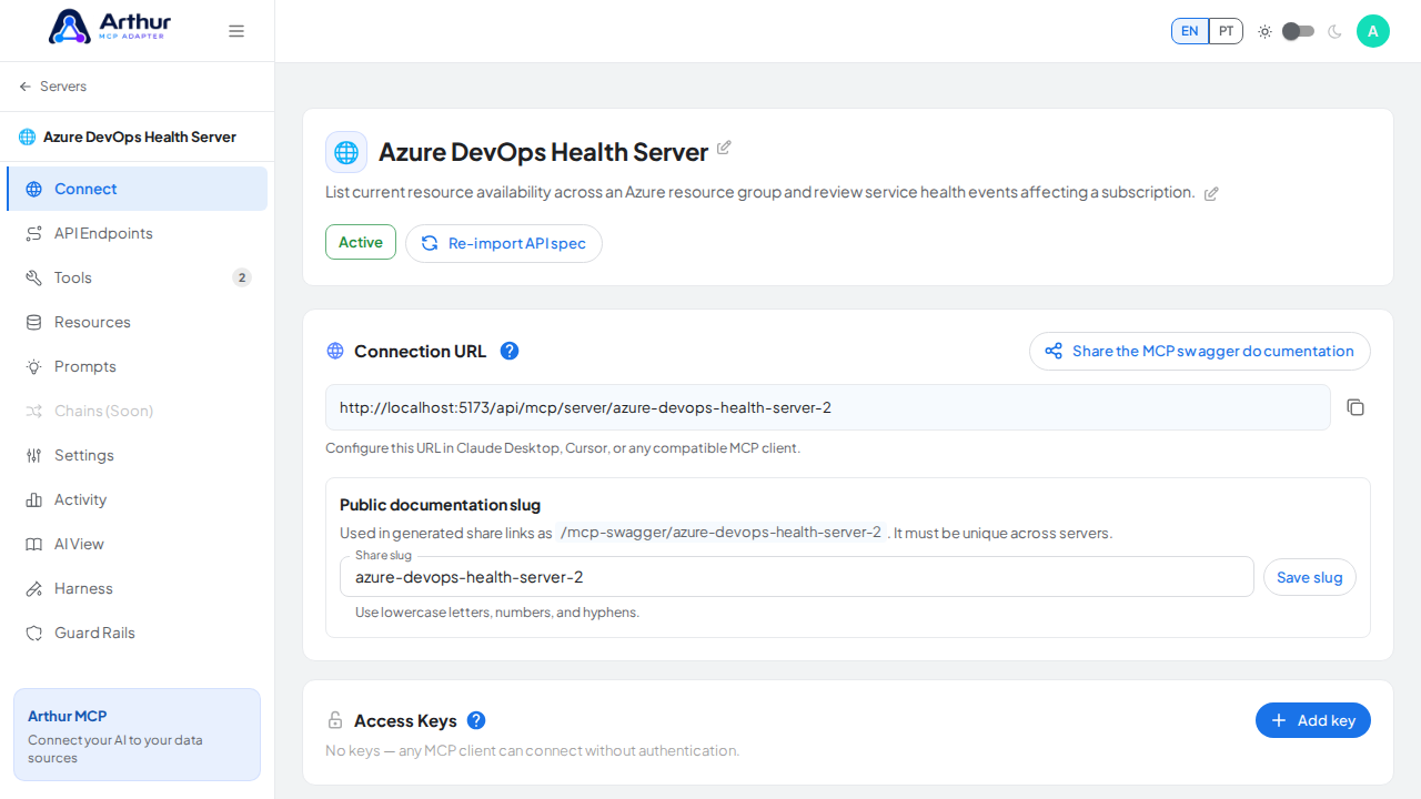 Open the server's Connect section, where the MCP endpoint and its documentation live