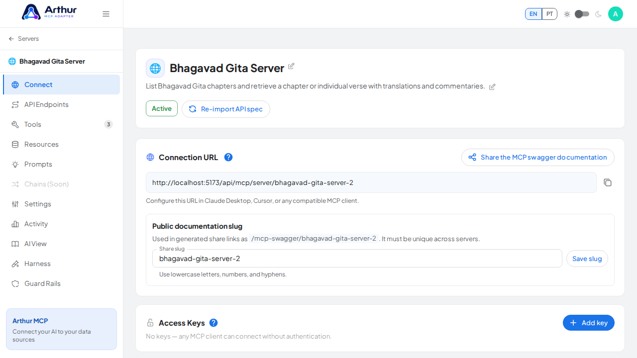 Open the server's Connect section, where the MCP endpoint and its documentation live