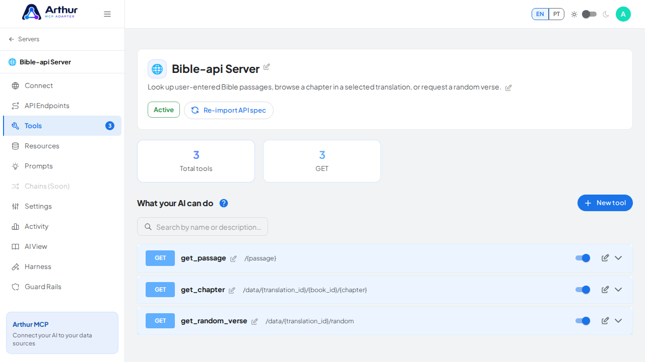 Review the tools generated from the Bible-api template