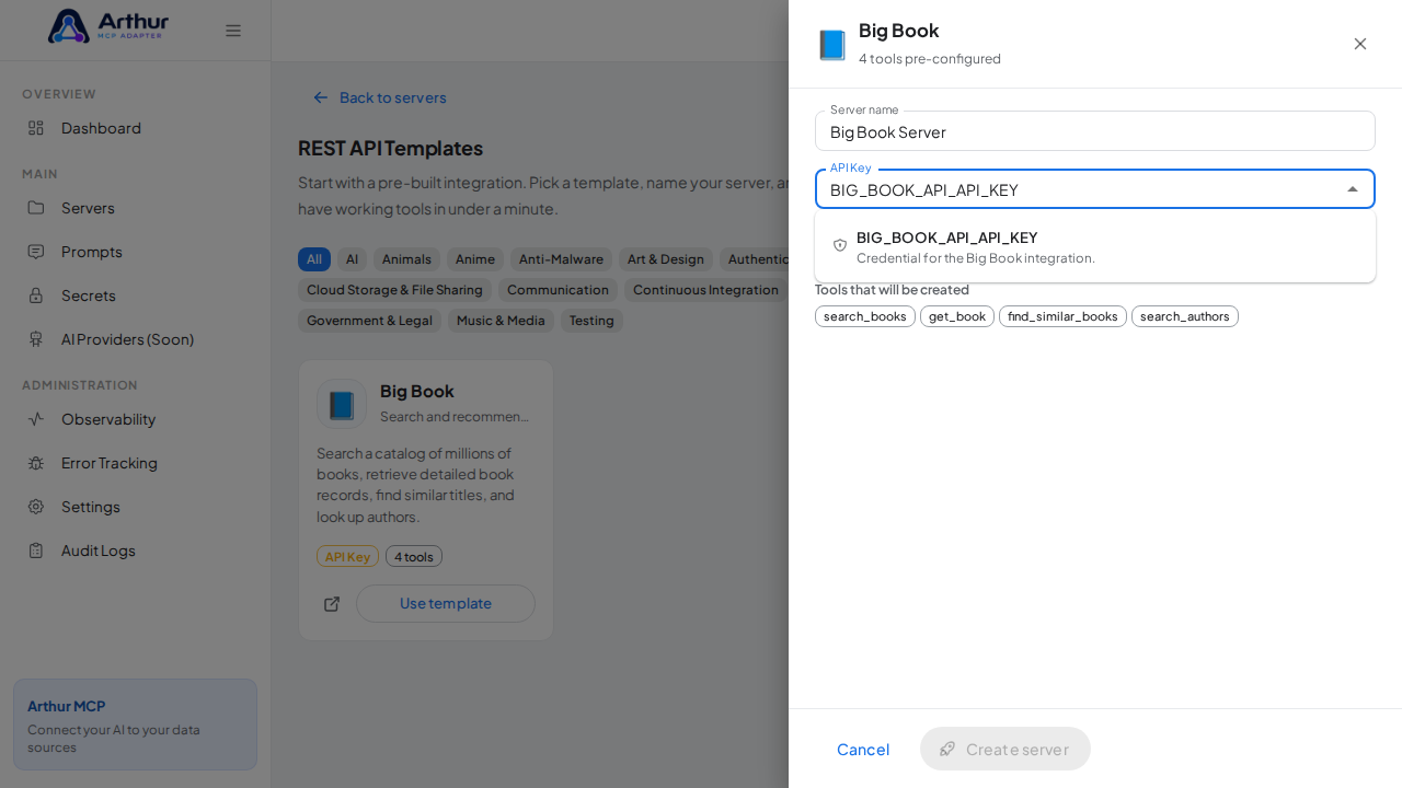 Pick the BIGBOOKAPIAPIKEY secret from the vault suggestions