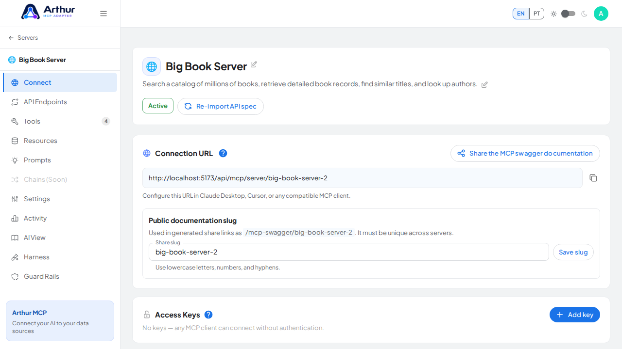 Open the server's Connect section, where the MCP endpoint and its documentation live