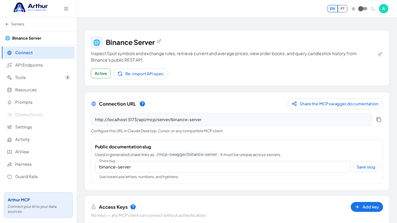 Open the server's Connect section, where the MCP endpoint and its documentation live