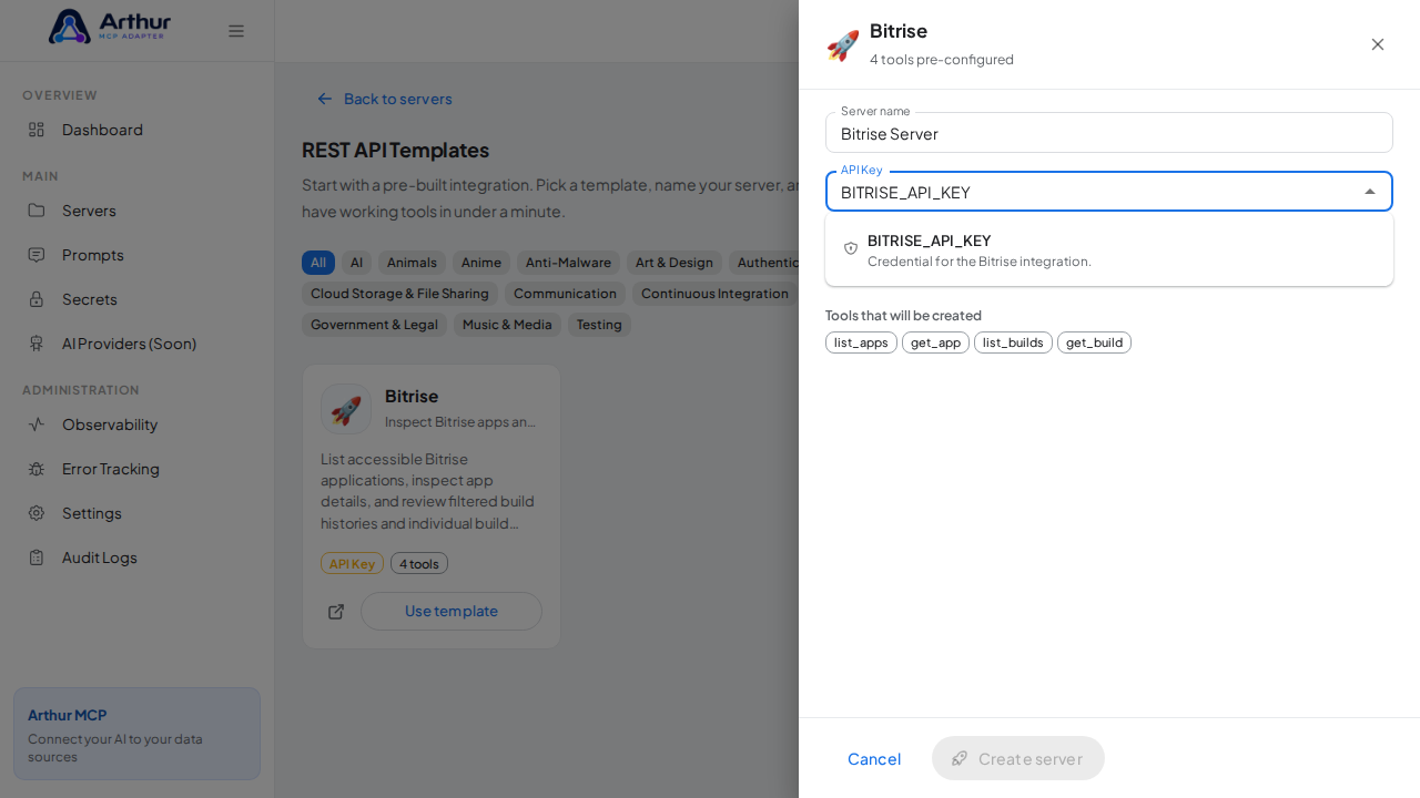 Pick the BITRISEAPIKEY secret from the vault suggestions