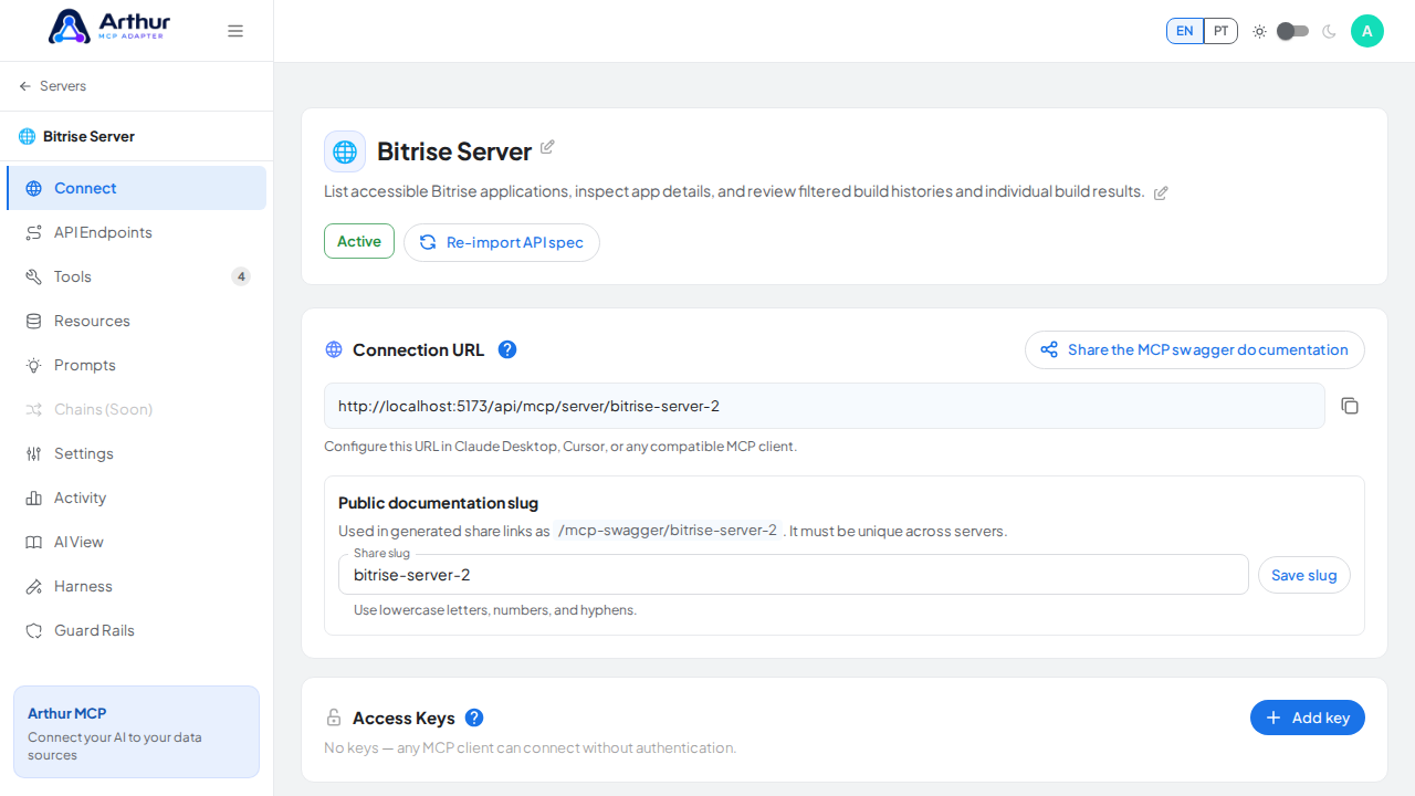Open the server's Connect section, where the MCP endpoint and its documentation live
