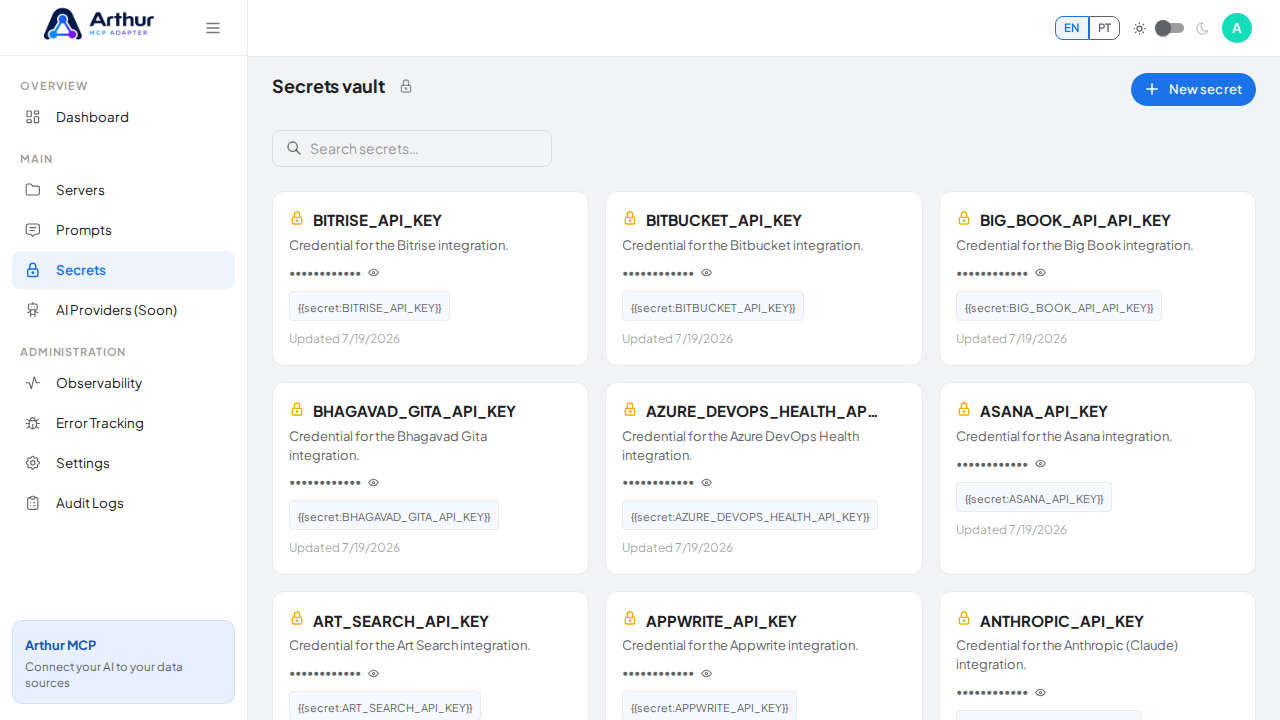 Open the Secrets vault to store the Blockscout credential before using the template