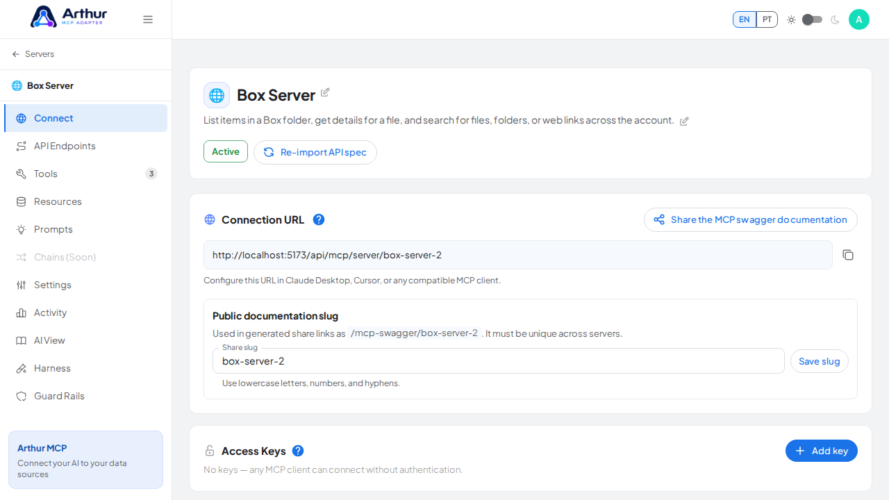 Open the server's Connect section, where the MCP endpoint and its documentation live