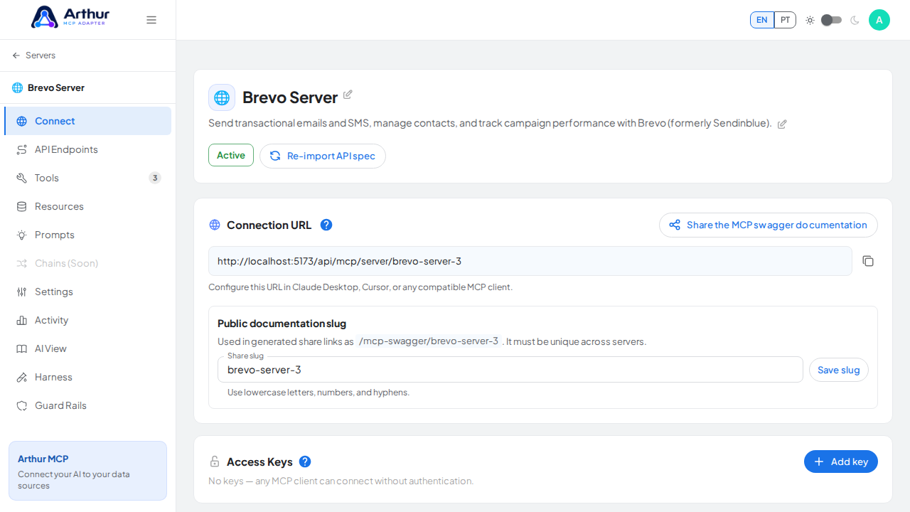 Open the server's Connect section, where the MCP endpoint and its documentation live
