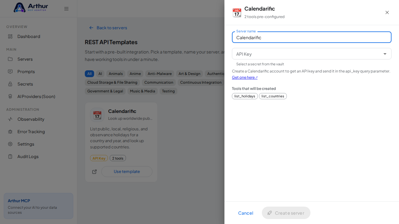 Open the Calendarific template with its preconfigured tools
