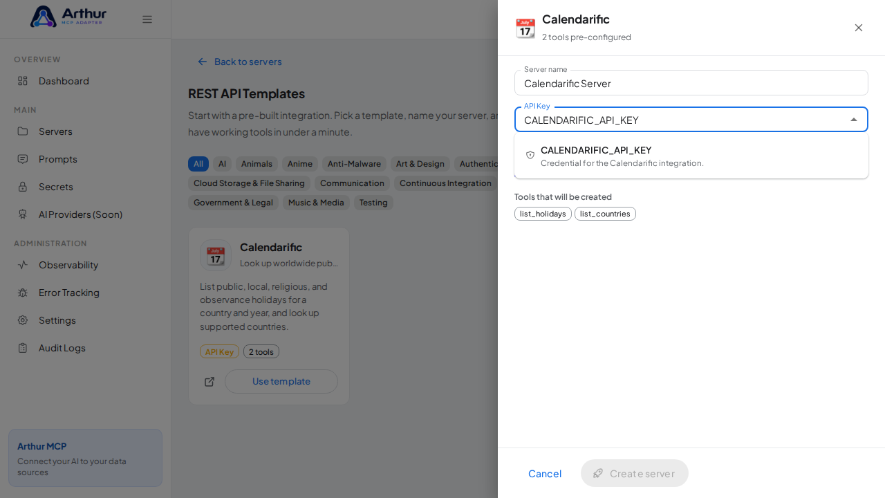 Pick the CALENDARIFICAPIKEY secret from the vault suggestions