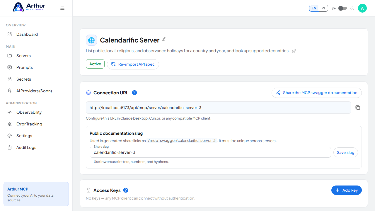Create the Calendarific server with its preconfigured tools
