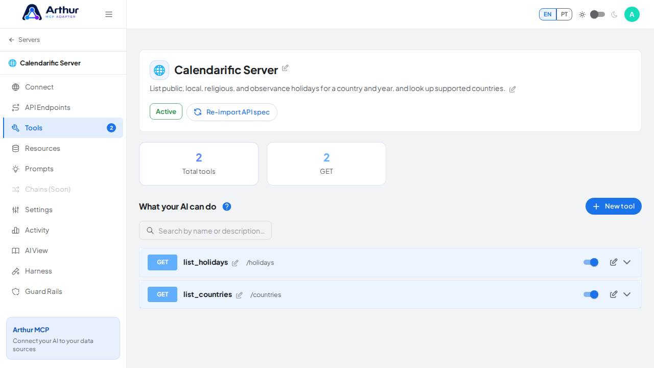 Review the tools generated from the Calendarific template