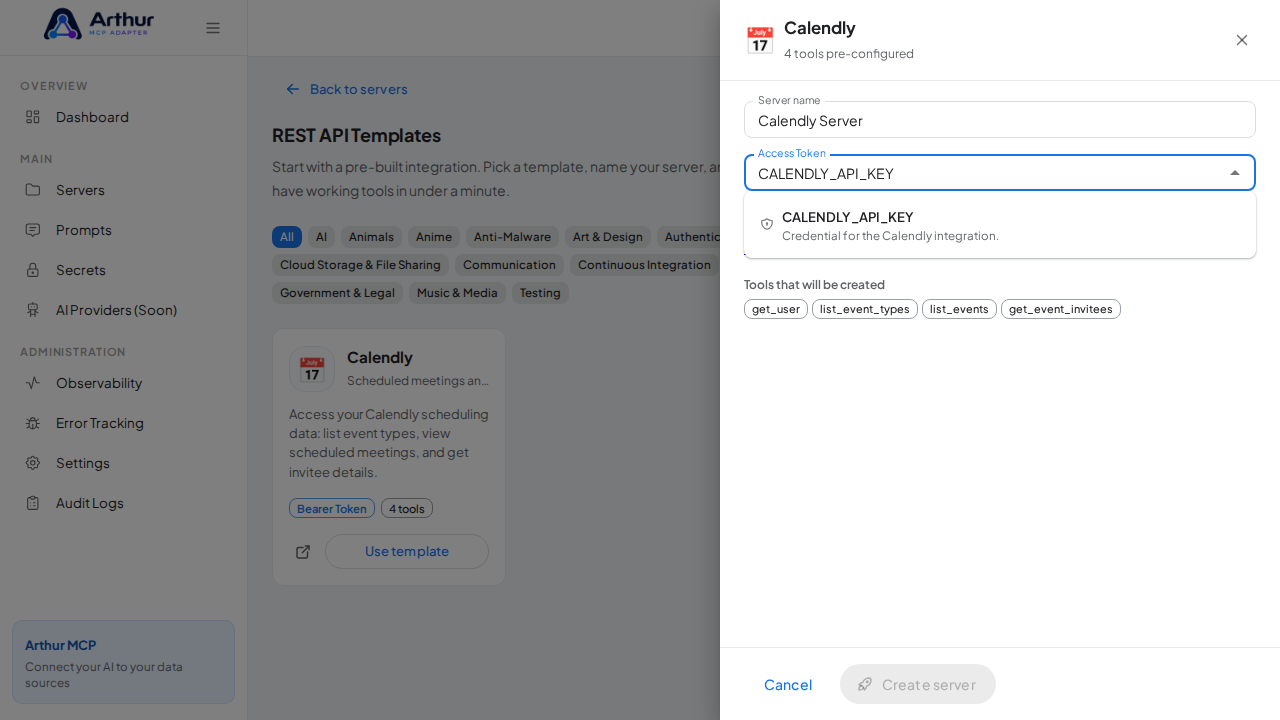 Pick the CALENDLYAPIKEY secret from the vault suggestions