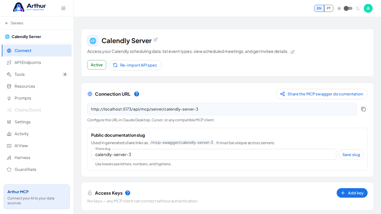 Open the server's Connect section, where the MCP endpoint and its documentation live