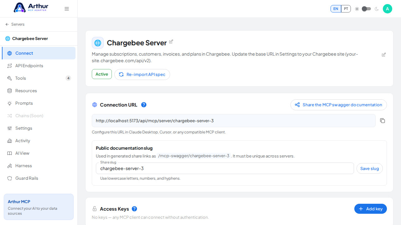 Open the server's Connect section, where the MCP endpoint and its documentation live
