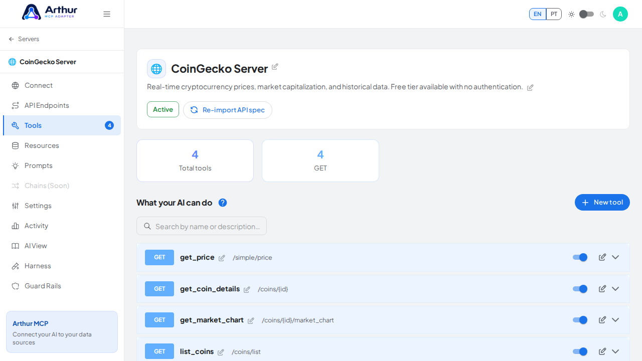 Review the tools generated from the CoinGecko template