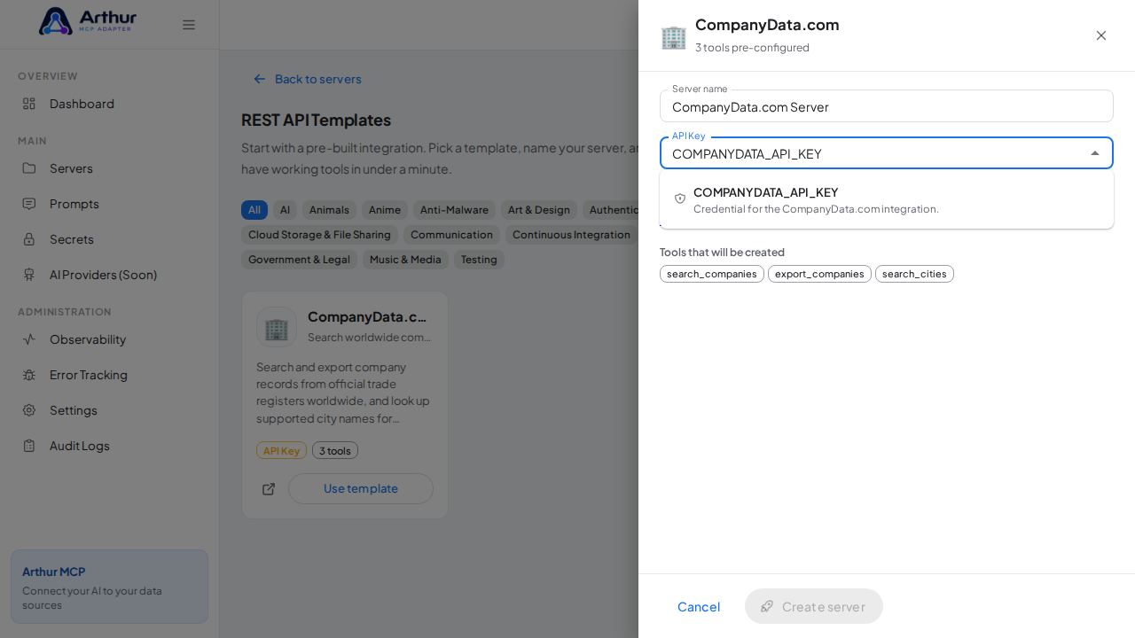 Pick the COMPANYDATAAPIKEY secret from the vault suggestions