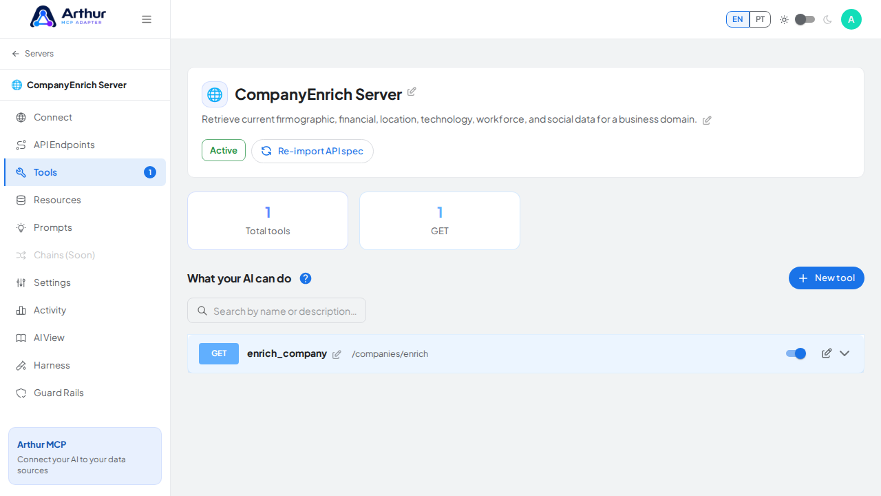 Review the tools generated from the CompanyEnrich template